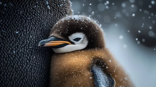 Junger Pinguin in verschneiter Umgebung