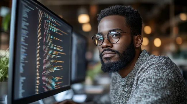 Junger Programmierer analysiert Code auf Computerbildschirm