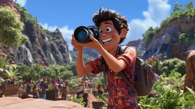 Junger Reisefotograf in farbenfroher Landschaft