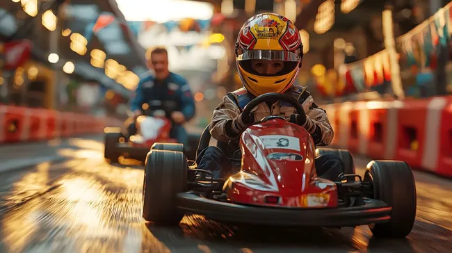 Junger Rennfahrer auf Gokart-Bahn mit Zuschauer