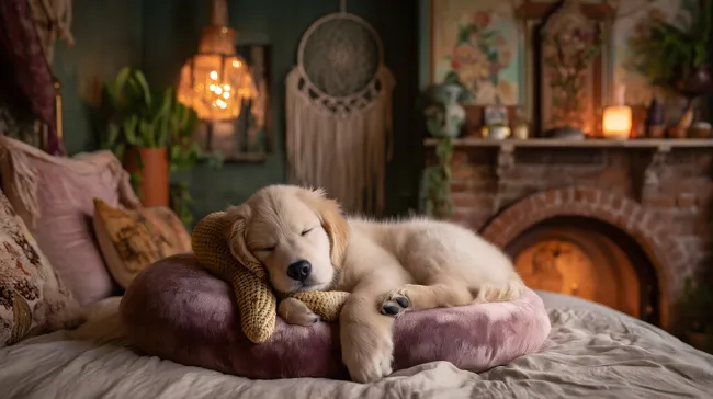 Junger Retriever-Welpe kuschelt gemütlich auf Kissen