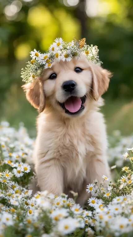 Junger Retriever-Welpe mit Blumenkranz und Schmetterling
