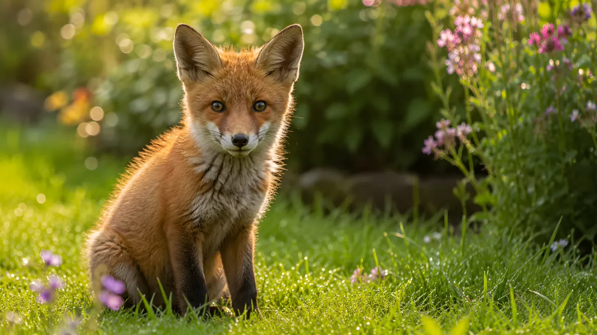 Junger Rotfuchs sitzt neugierig im Garten