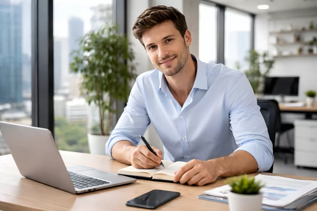 Junger, selbstbewusster Geschäftsmann bei der Arbeit