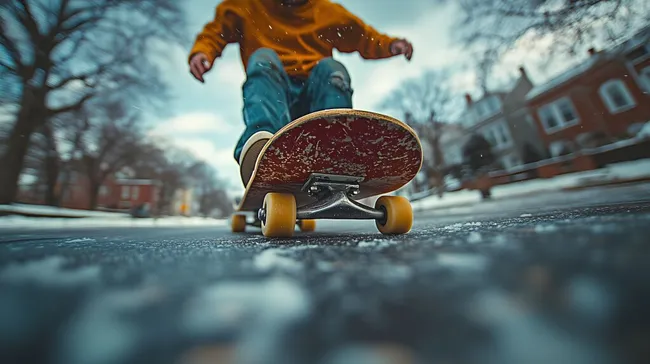 Junger Skateboarder in einer winterlichen Stadtszene