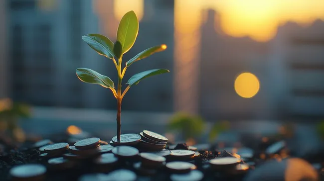 Junger Spross wächst auf Münzen - Symbol für Finanzwachstum
