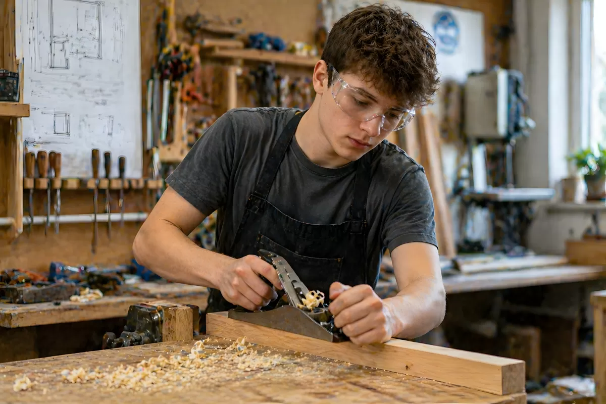 Junger Tischler hobelt Holzbrett in der Werkstatt