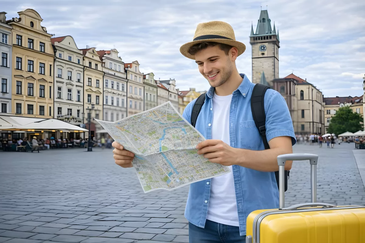 Junger Tourist liest Stadtplan auf historischem Platz