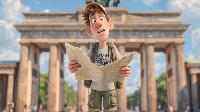 Junger Tourist mit Landkarte vor dem Brandenburger Tor