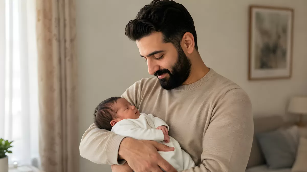 Junger Vater hält schlafendes Neugeborenes im Arm