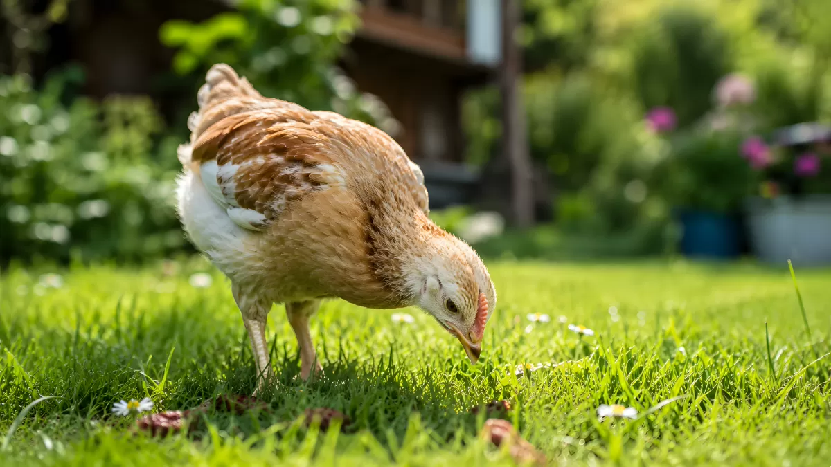 Junges Huhn pickt im sonnigen Garten nach Futter