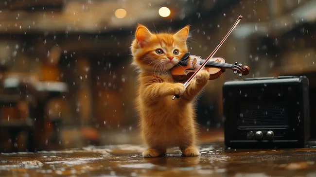 Junges Kätzchen spielt Geige in Regenschauer