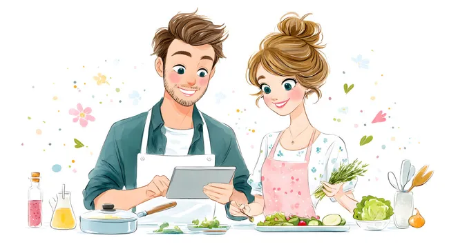 Junges, lächelndes Paar beim gesunden Kochen in der Küche