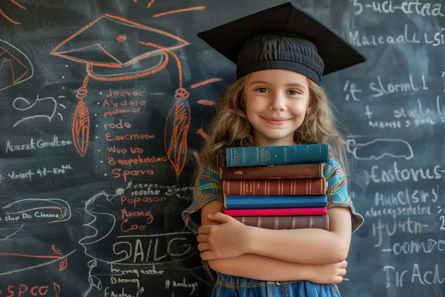 Junges Mädchen als Absolventin mit Bücherstapel