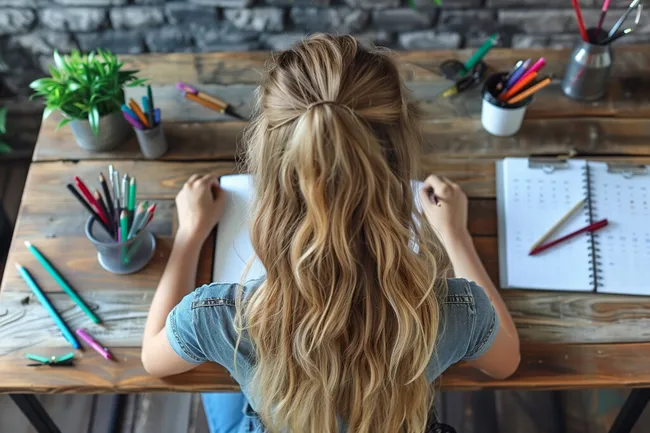 Junges Mädchen arbeitet kreativ am Schreibtisch