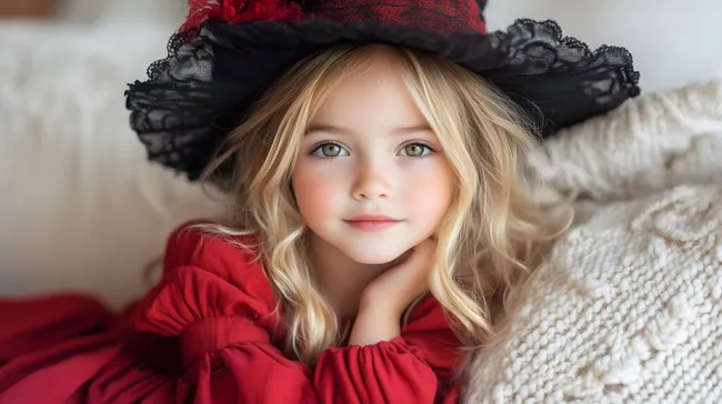 Junges Mädchen im roten Kleid und Spitzenhut