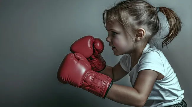 Junges Mädchen in Boxkampfposition mit roten Handschuhen