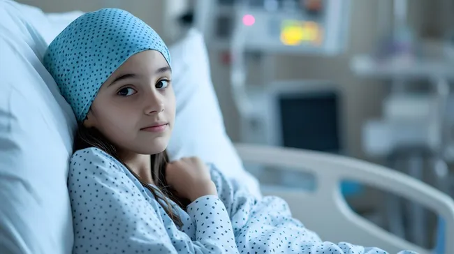 Junges Mädchen in Krankenhausbett mit Kopftuch