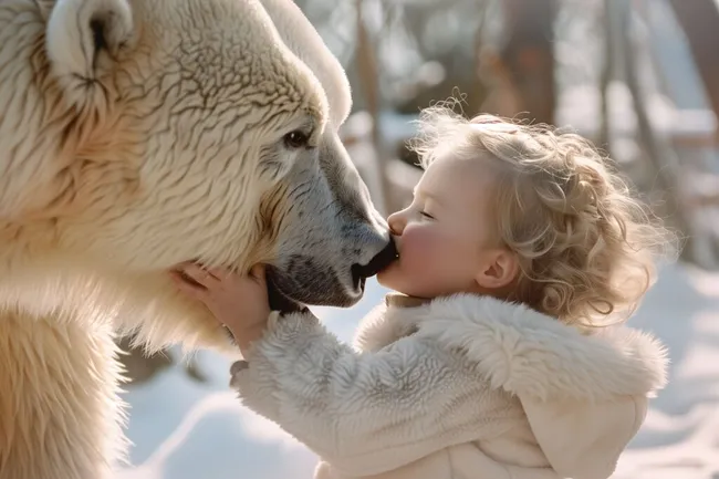 Junges Mädchen küsst liebevollen Eisbären im Schnee