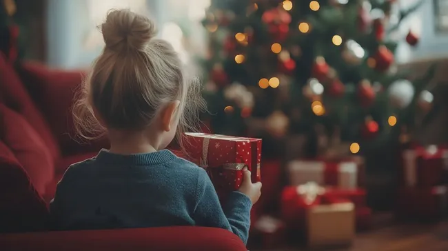 Junges Mädchen öffnet Weihnachtsgeschenk vor Tannenbaum