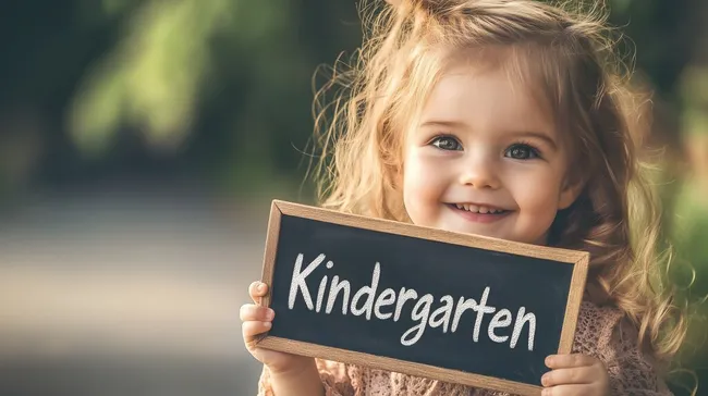 Junges Mädchen präsentiert Kindergarten-Schild fröhlich