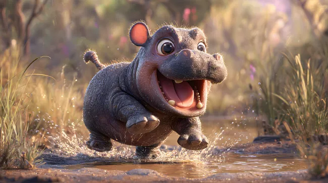 Junges Nilpferd springt fröhlich durch eine Pfütze