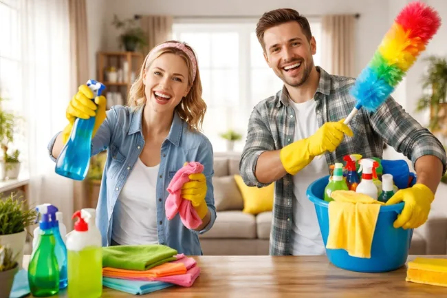 Junges Paar beim Frühlingsputz in der Wohnung