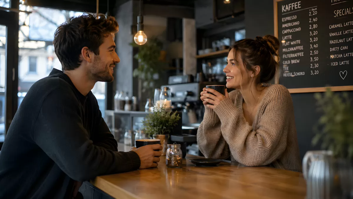 Junges Paar beim Kaffeegespräch im modernen Café
