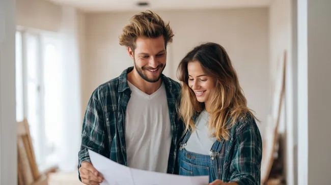 Junges Paar betrachtet Bauzeichnung für Hausbau