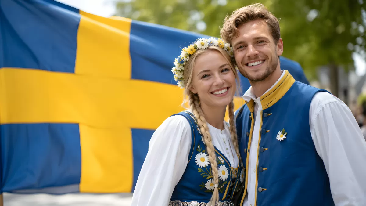 Junges Paar in schwedischer Tracht zum Mittsommer mit Nationalflagge