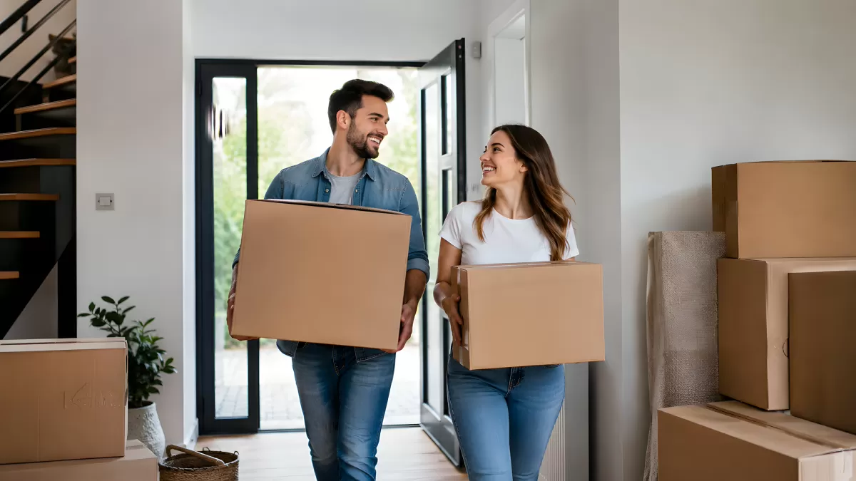 Junges Paar trägt Umzugskartons ins neue Zuhause