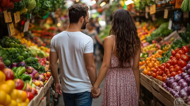 Junges Pärchen entdeckt bunte Bio-Marktstände