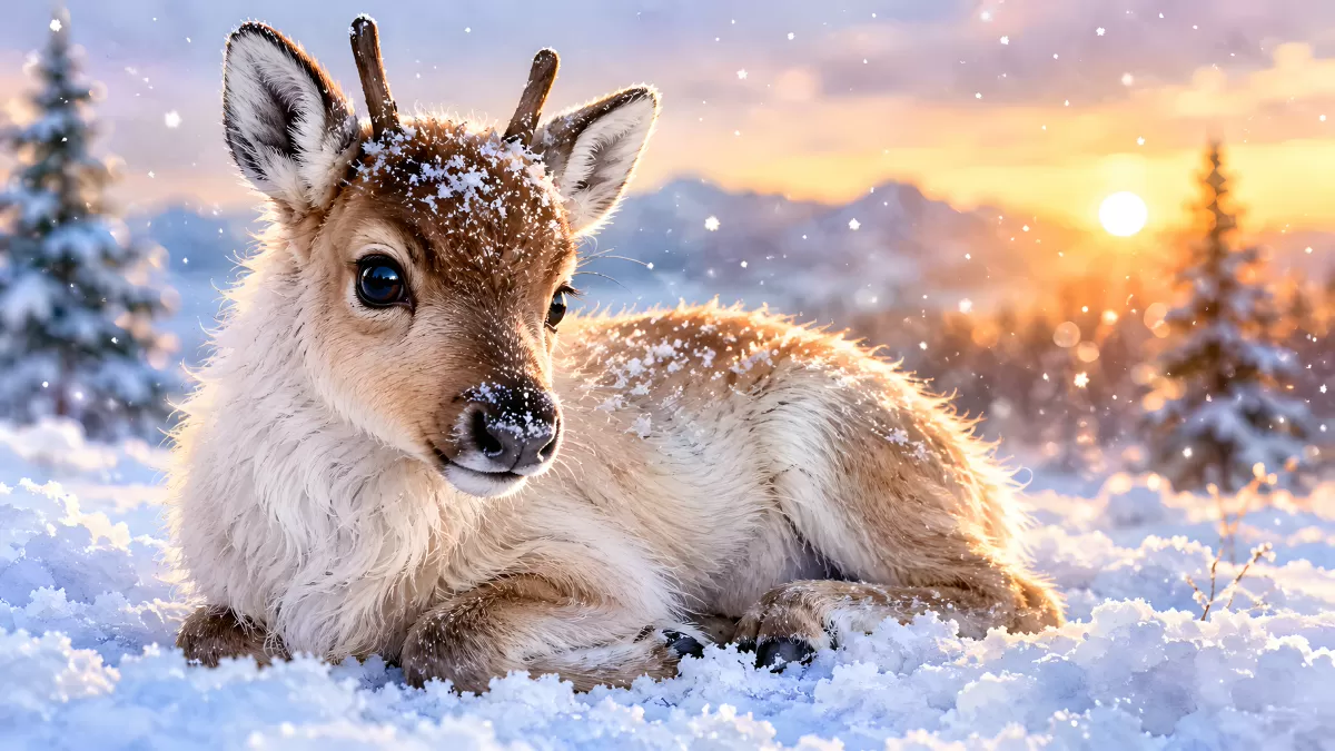 Junges Reh liegt im Schnee beim Sonnenuntergang