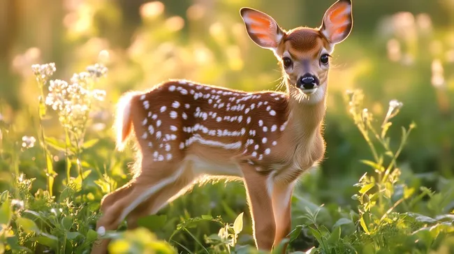 Junges Rehkitz in sonniger Blumenwiese