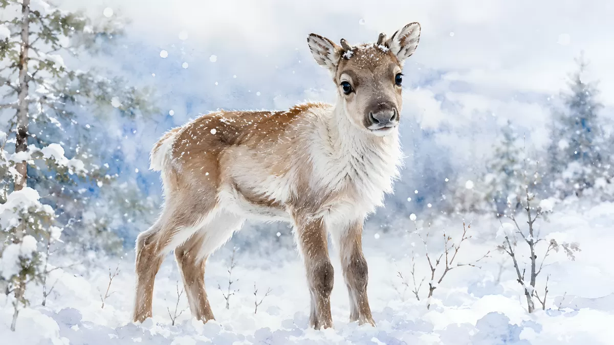 Junges Rentier im verschneiten Winterwald