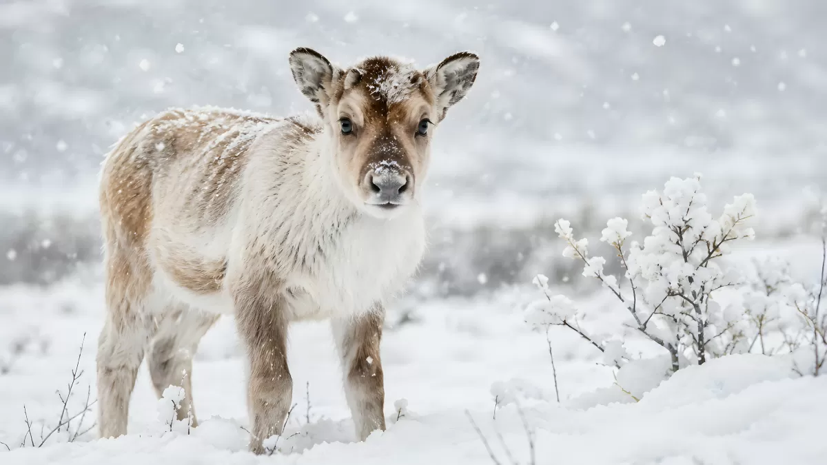 Junges Rentier steht im Schneesturm auf Tundra