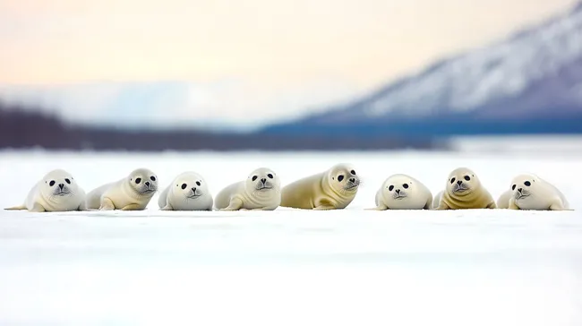 Junges Robbenrudel am winterlichen Ufer der Arktis