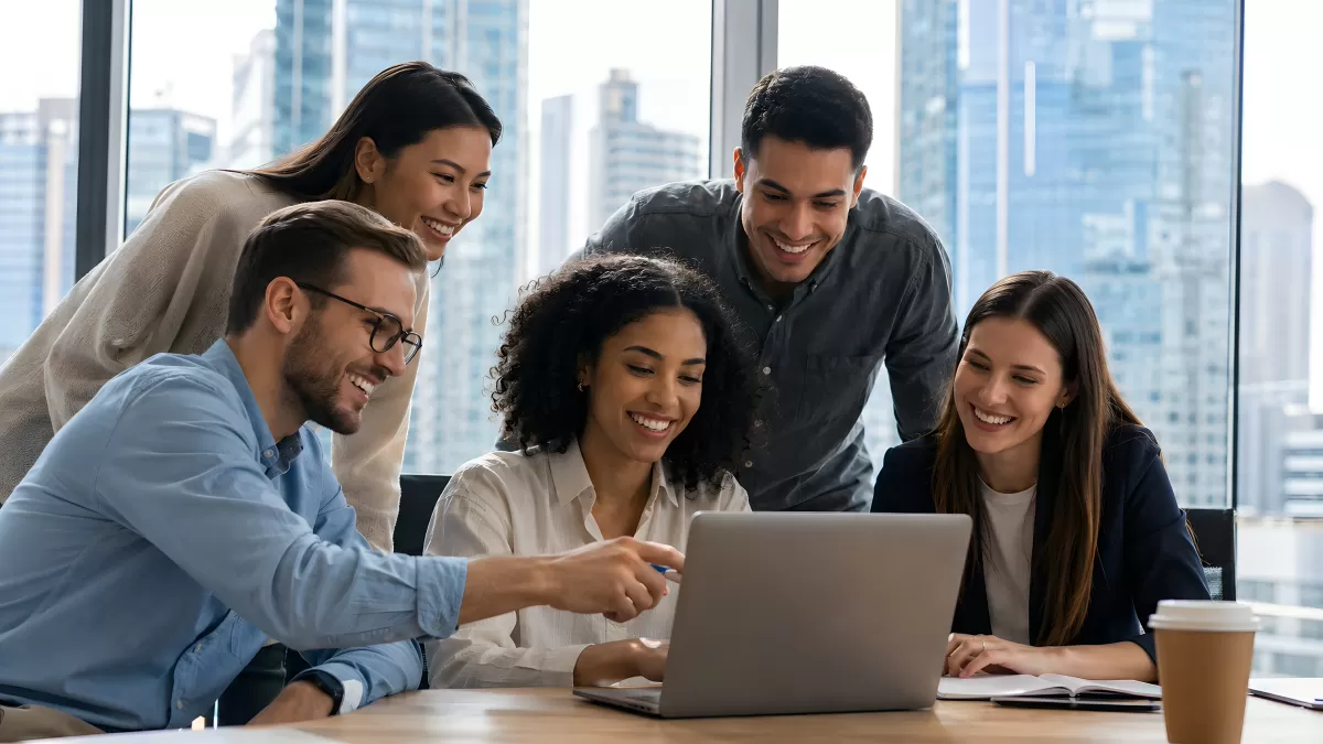 Junges Team arbeitet gemeinsam am Laptop im Büro