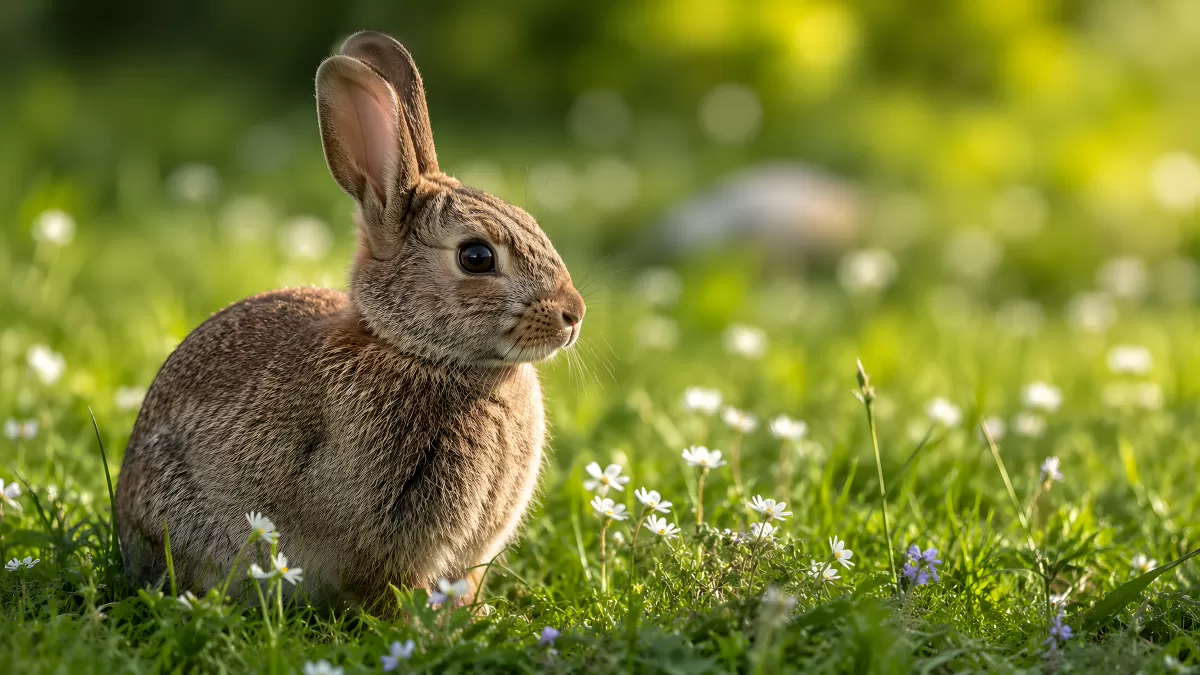 Junges Wildkaninchen auf blühender Sommerwiese