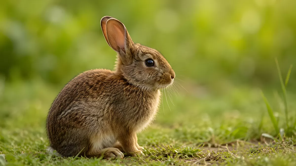 Junges Wildkaninchen sitzt auf einer Wiese