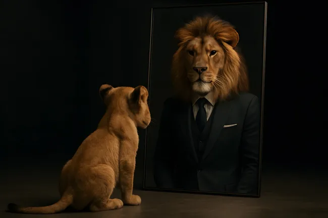 Junglöwe als eleganter Geschäftsmann im Anzug