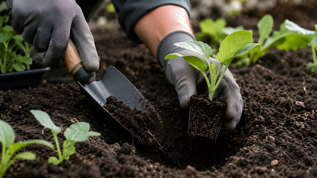 Jungpflanze wird von Hand in Gartenerde eingesetzt