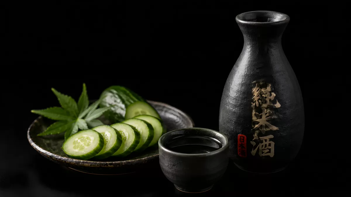 Junmai-Sake mit Keramikkrug und Gurkenscheiben