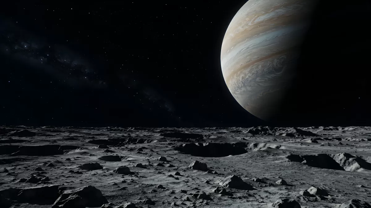 Jupiterblick von einem felsigen Mond im Weltall