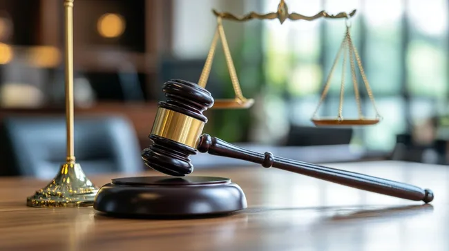 Juristisches Richterwerkzeug auf Holztisch mit Justizwaage