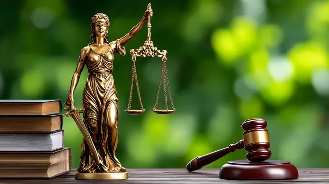 Justitia-Statue mit Waage und Richterhammer in natürlicher Umgebung