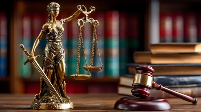 Justitia-Statue mit Waage und Schwert vor Gesetzesbüchern