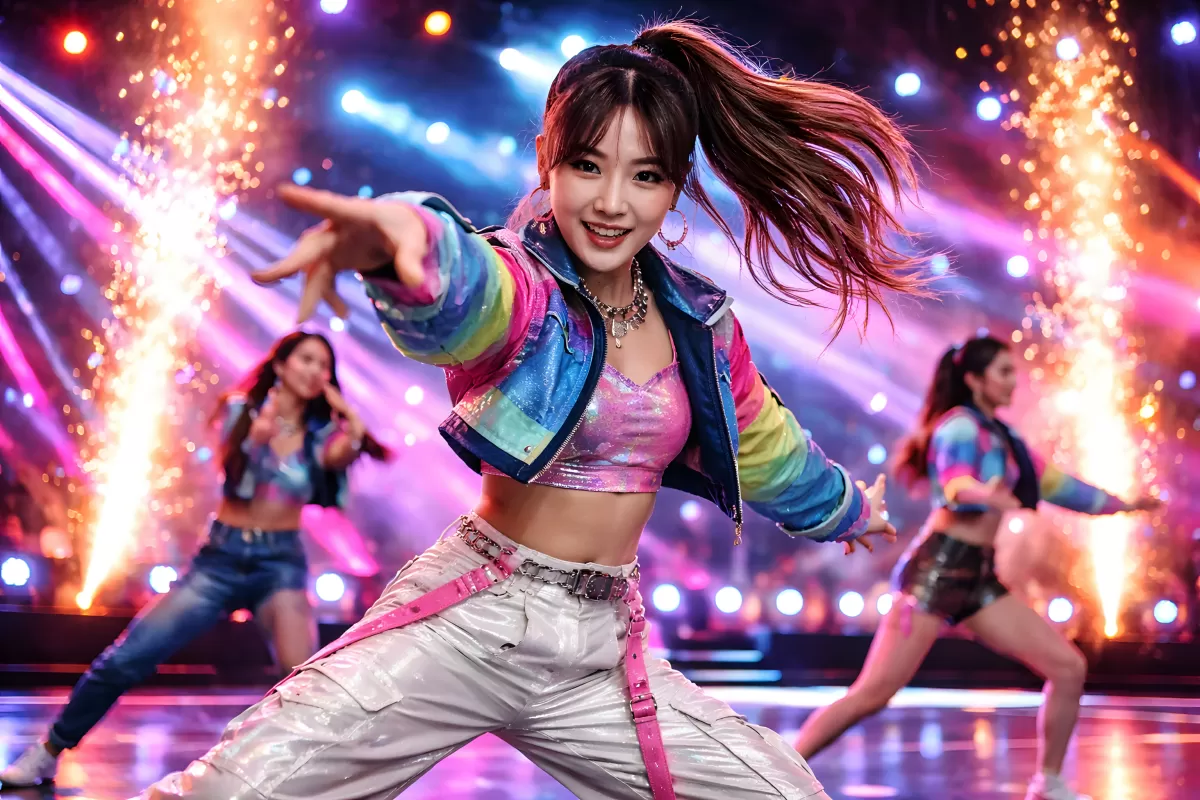 K-Pop-Tänzerin in bunter Bühnenshow