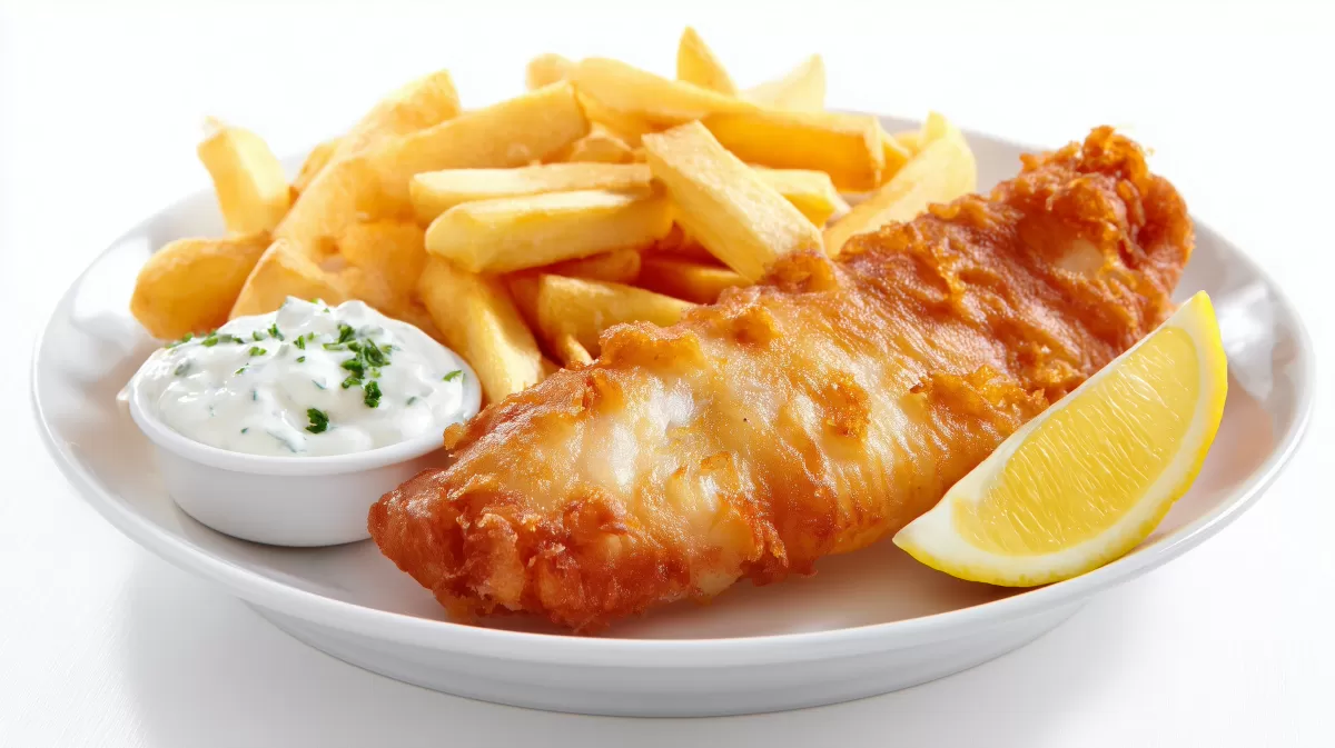 Kabeljau im Bierteig mit Pommes photorealistisch serviert