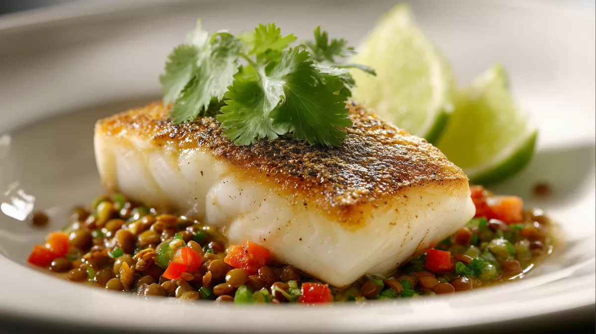 Kabeljau mit Linsen Kokos Salat und Limette